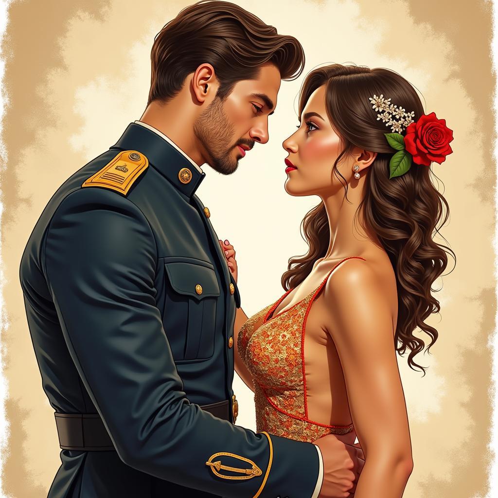 A captivating illustration of a couple falling in love amidst a backdrop of military insignia and luxurious settings