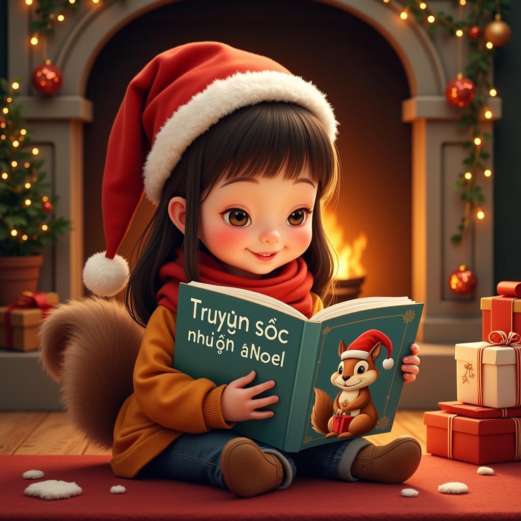 Bé gái đọc truyện "Truyện sóc nhỏ đón Noel"