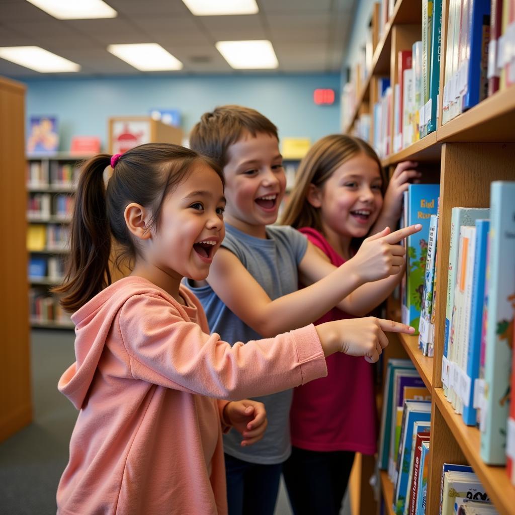 A child exploring a library bookshelf