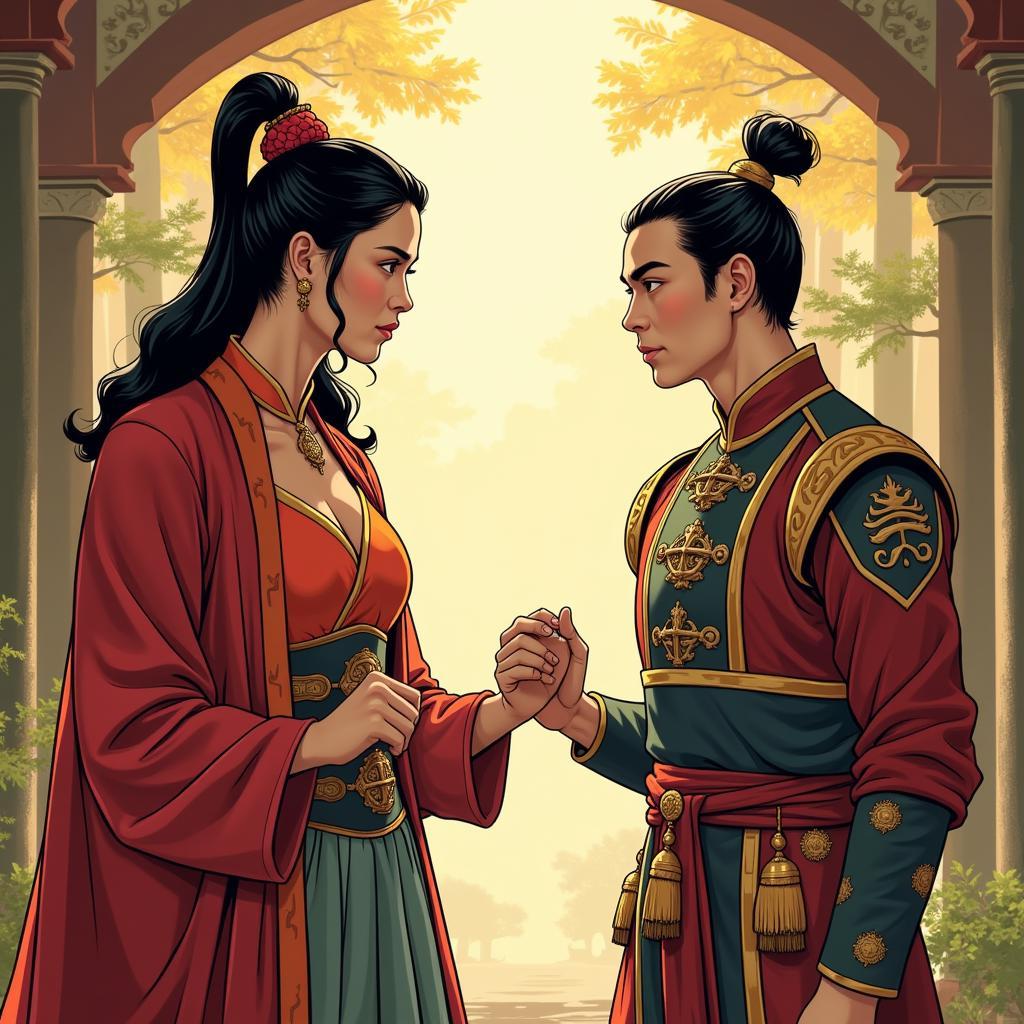 A beautiful young woman in elaborate ancient Chinese clothing, presumably a princess, is looking surprised and flustered as a handsome man in similar attire, presumably a prince, grabs her wrist. The background suggests a luxurious palace setting.