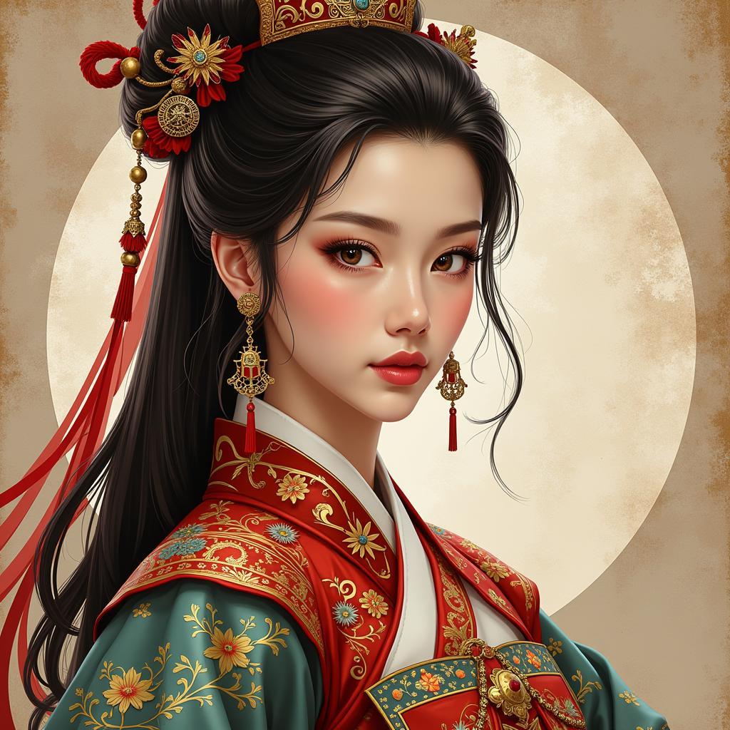 The image of a cunning and beautiful queen in a Chinese ancient costume.