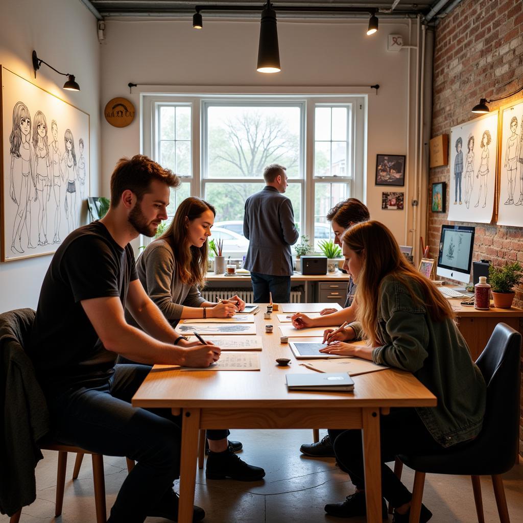 A group of artists brainstorming ideas for characters