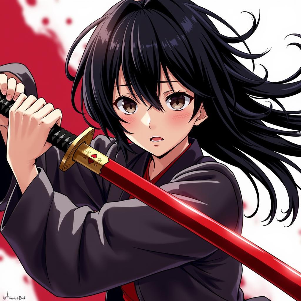 Akame cầm katana Murasame, sẵn sàng chiến đấu.