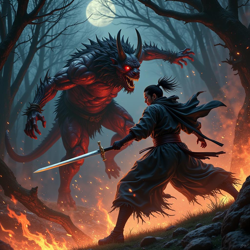 Hình ảnh Tanjiro chiến đấu với quỷ trong Demon Slayer