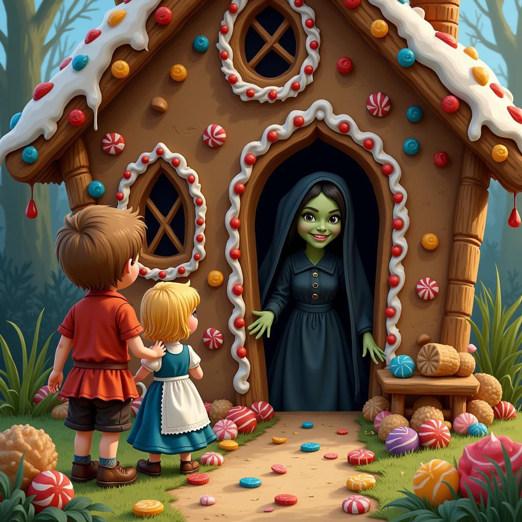 Hansel và Gretel gặp mụ phù thủy trong ngôi nhà bánh kẹo