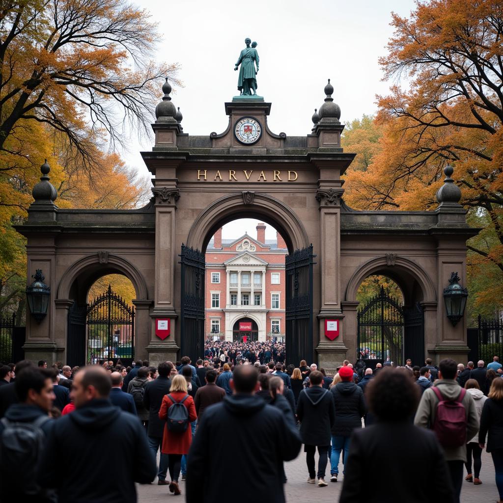 Hình ảnh cổng trường Harvard với dòng người đông đúc, tượng trưng cho khát vọng và cạnh tranh.