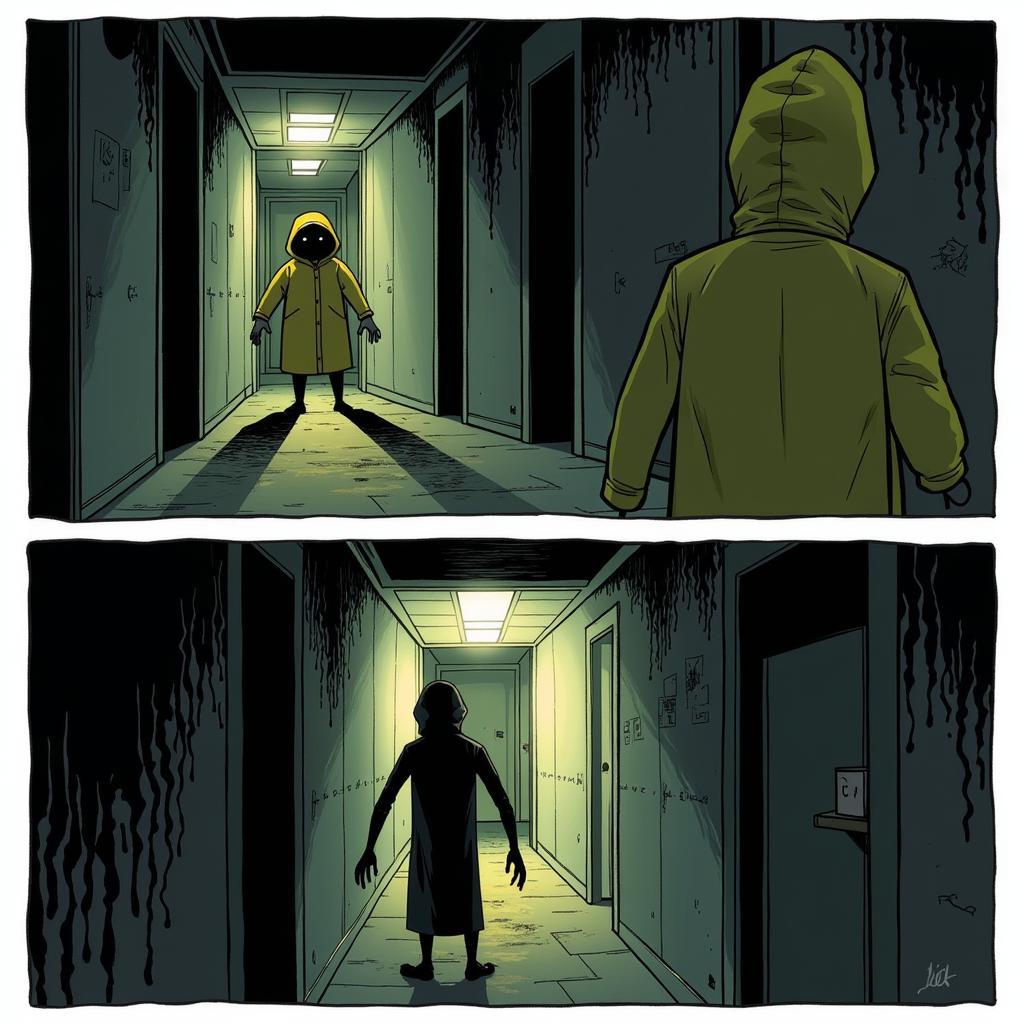 Little Nightmares Truyện Tranh Fan-Made: Hình ảnh minh họa một fan art truyện tranh về Six đang trốn chạy khỏi The Janitor.