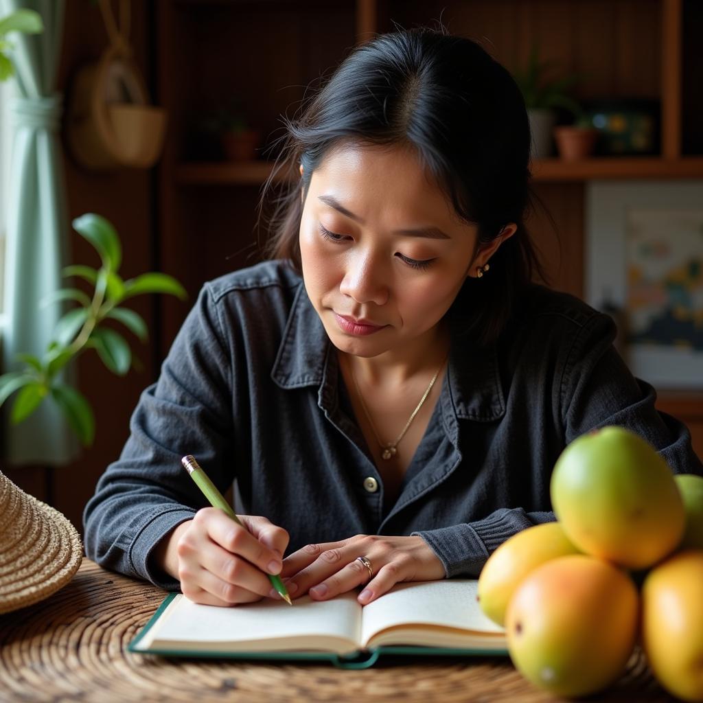 Nguyễn Ngọc Tư Và Ngòi Bút Miền Tây: Hình ảnh Nguyễn Ngọc Tư đang viết, thể hiện sự mộc mạc và tình yêu quê hương.