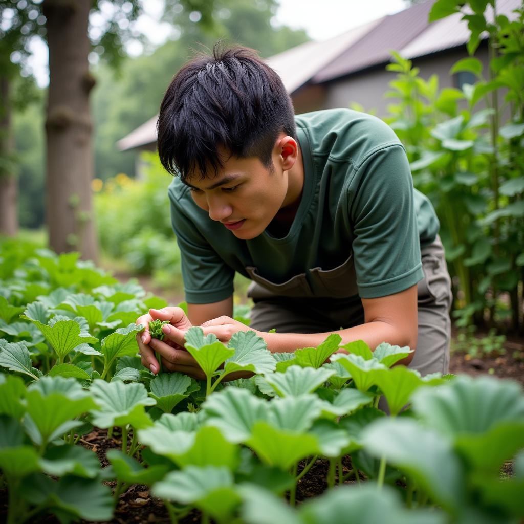 Thỏ Út đang bắt sâu cho cây rau, khuôn mặt thể hiện sự tập trung và cẩn thận.