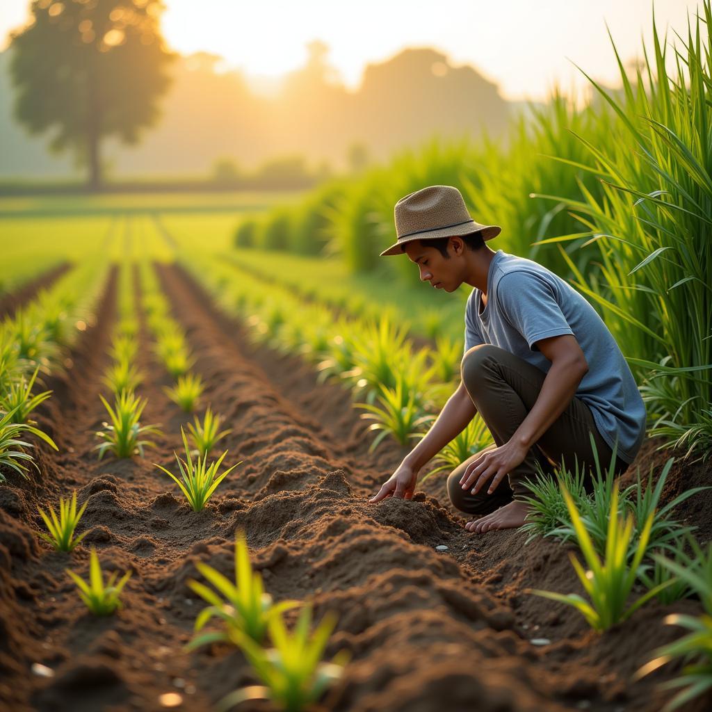 Người nông dân gieo hạt và cây lúa đang phát triển