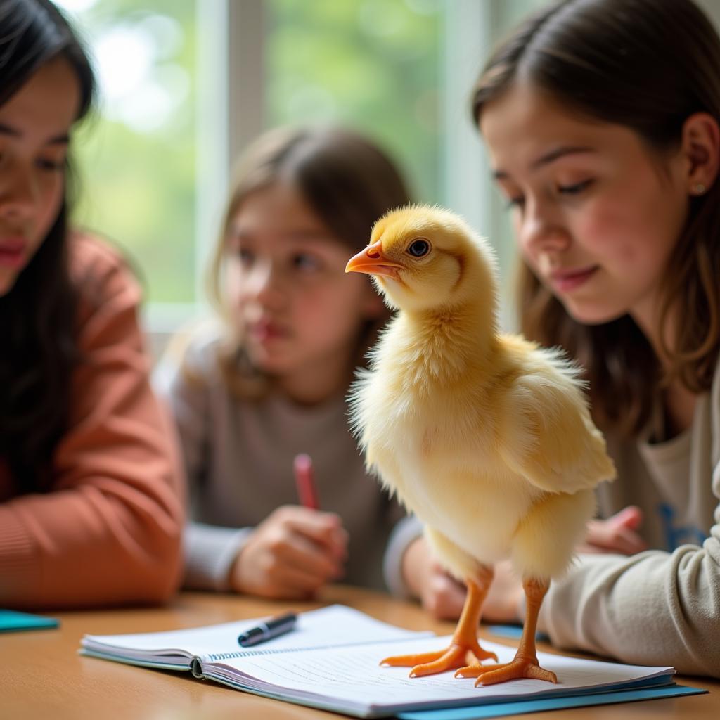 Gà Tơ chăm chú nghe giảng bài, ghi chép cẩn thận, thể hiện sự say mê học tập.