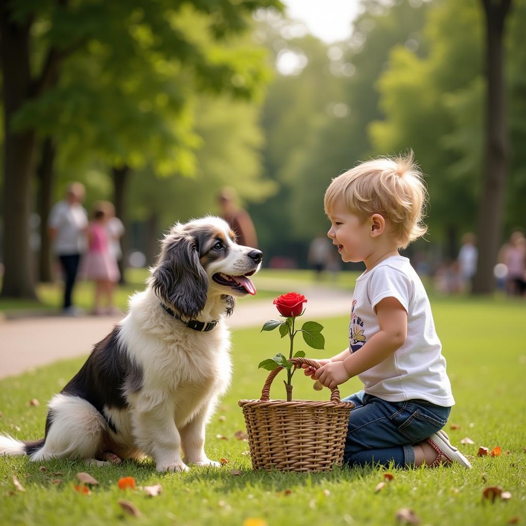 Chú chó nhỏ tặng hoa hồng cho mọi người