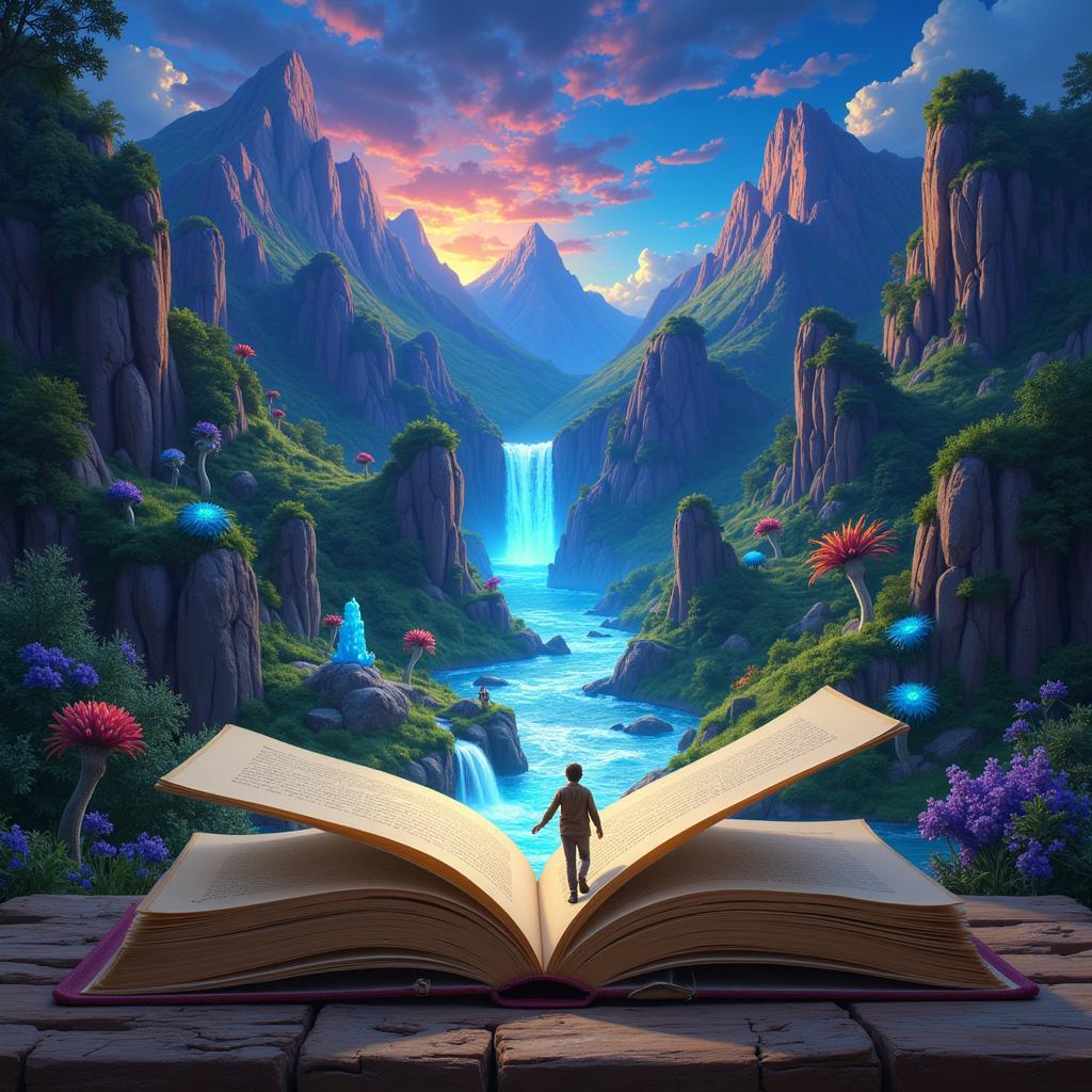 A person escaping into a book, symbolized by a fantastical landscape emerging from the pages.