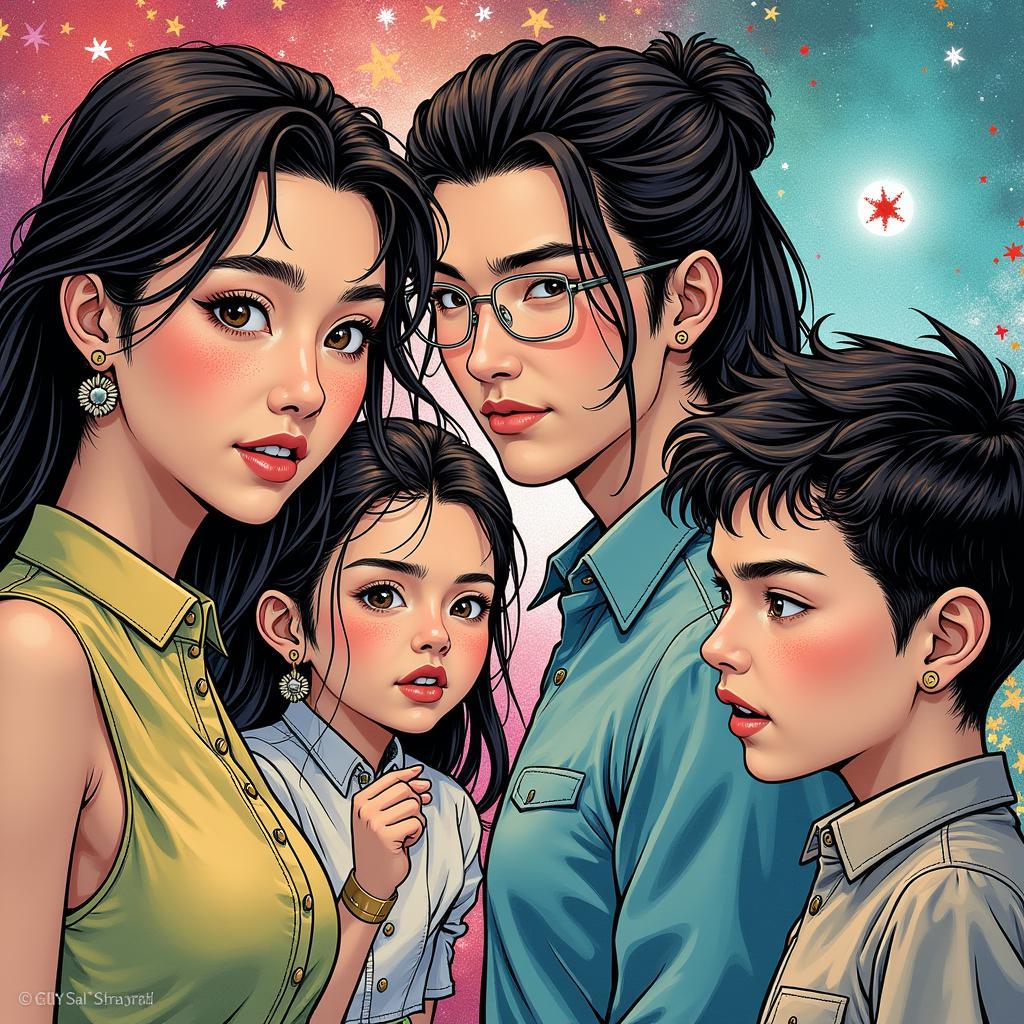 This image showcases the unique art style of "Hoa Giang Ho Bat Chi Luong Nhan Truyen" manhua, characterized by expressive character designs and detailed background art.