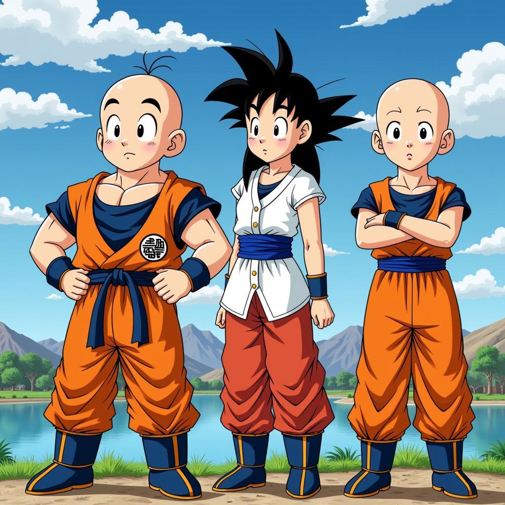 Krillin, Yamcha và Bulma đang theo dõi trận chiến từ xa với vẻ mặt lo lắng.