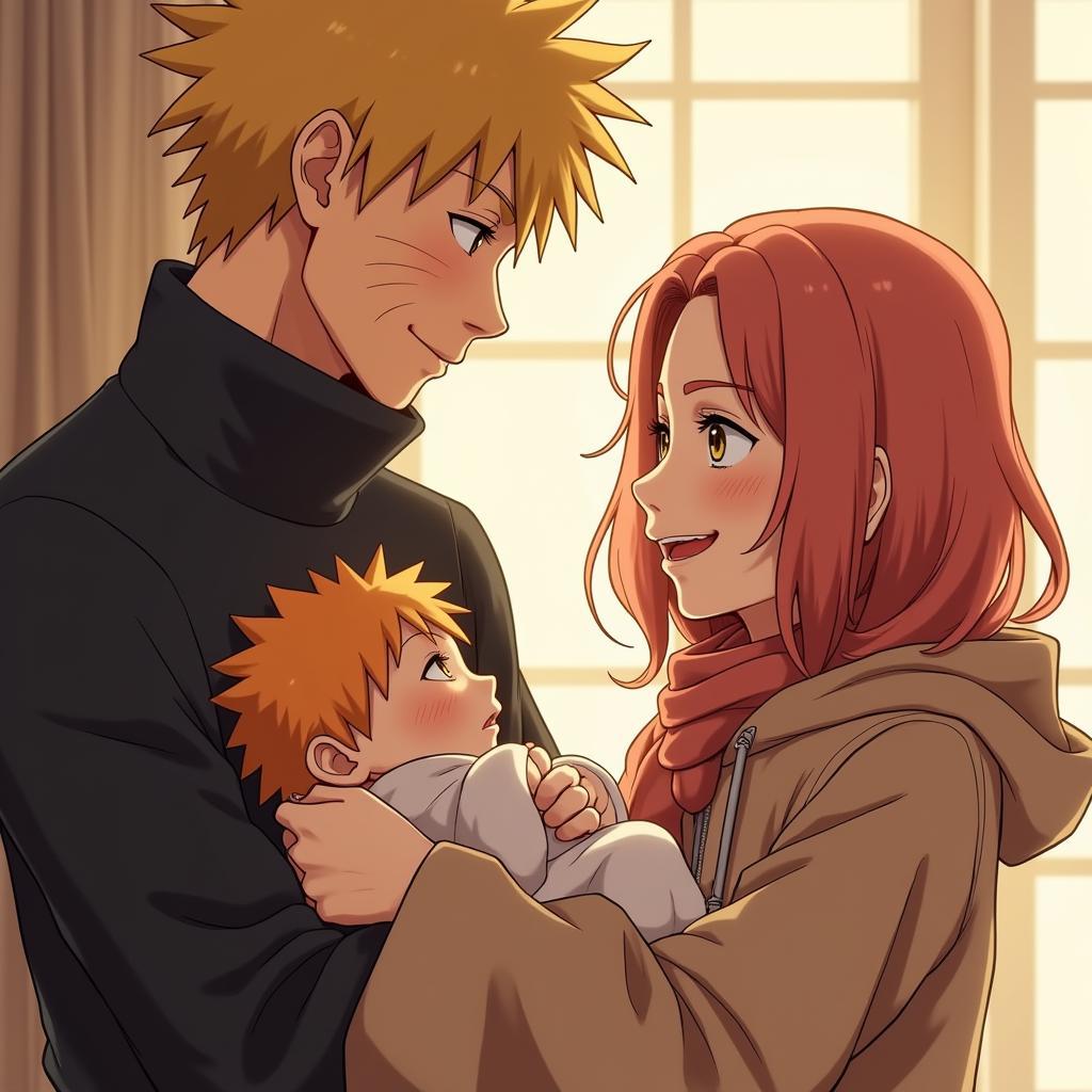 Minato và Kushina hạnh phúc bên Naruto sơ sinh