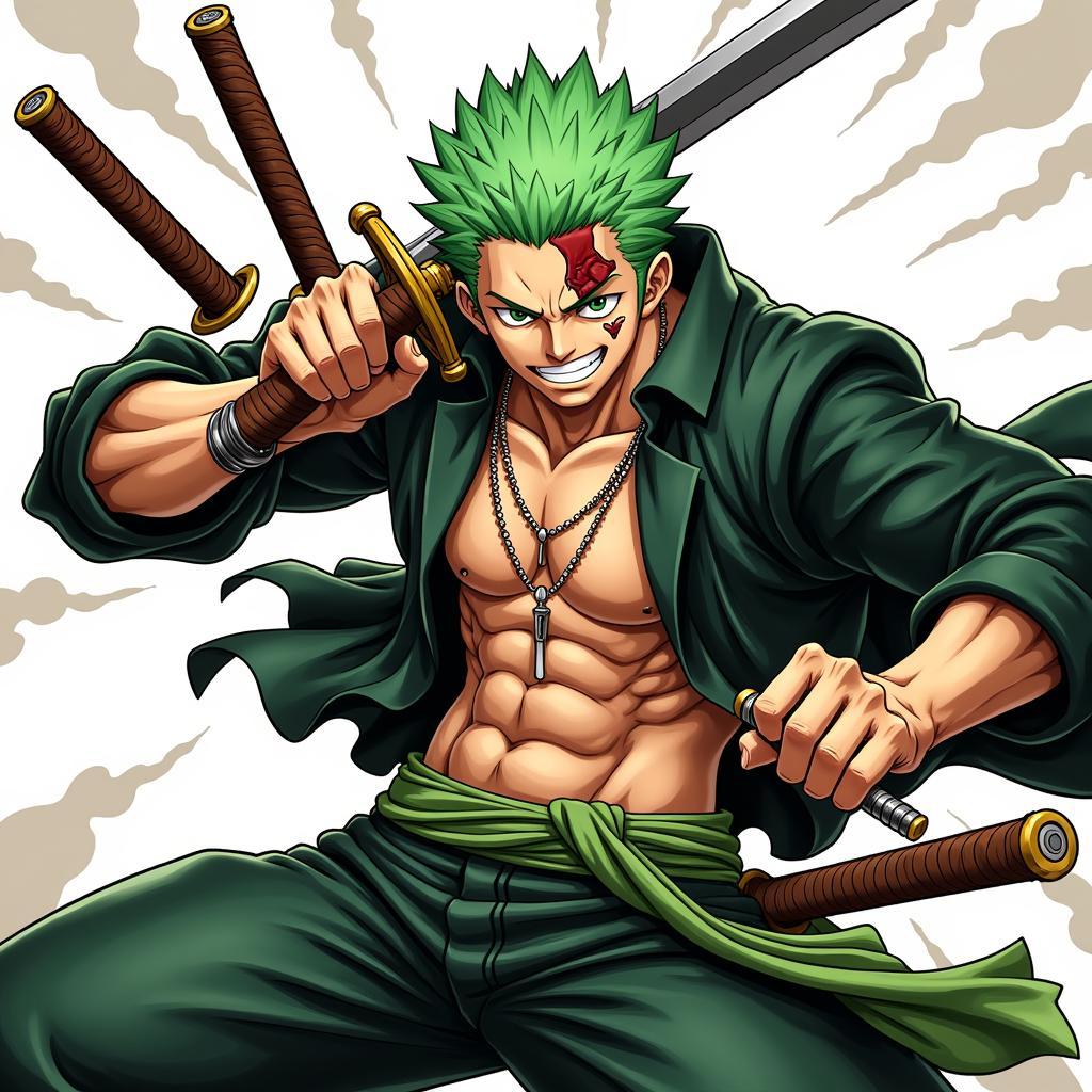 Zoro trong One Piece, một kiếm sĩ mạnh mẽ với ba thanh kiếm, mái tóc xanh lá và sẹo trên mắt trái.