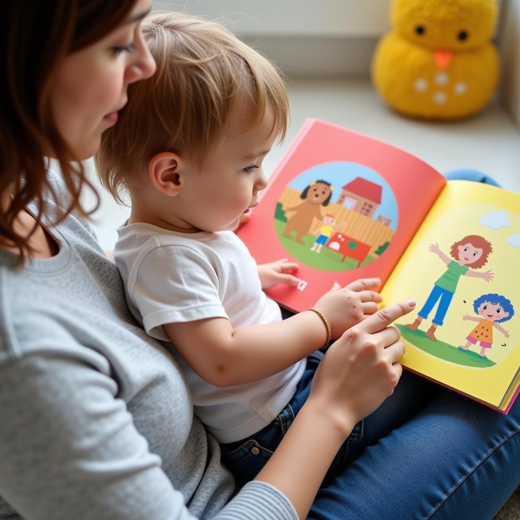 A parent reading a simple picture book to their toddler.