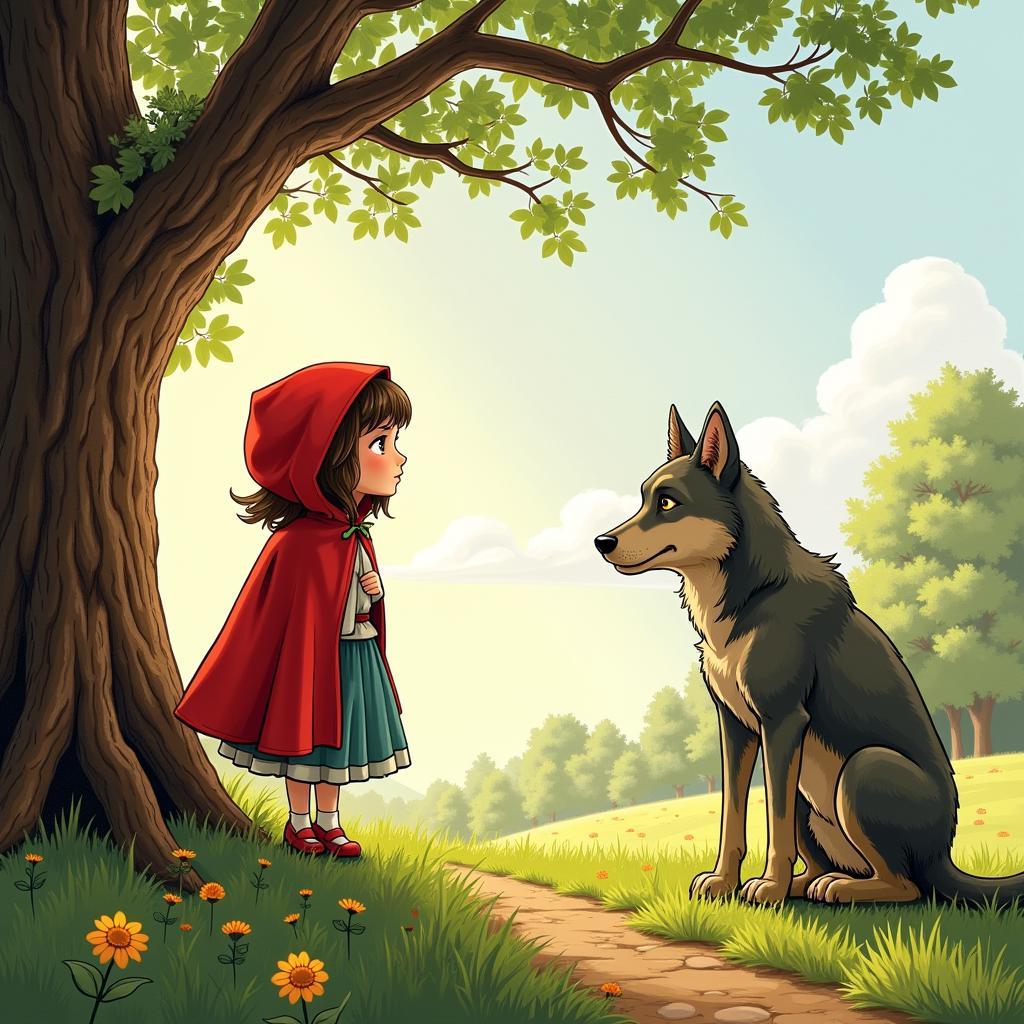 Little Red Riding Hood learns a valuable lesson about trusting strangers.  This illustration emphasizes the story's moral message.