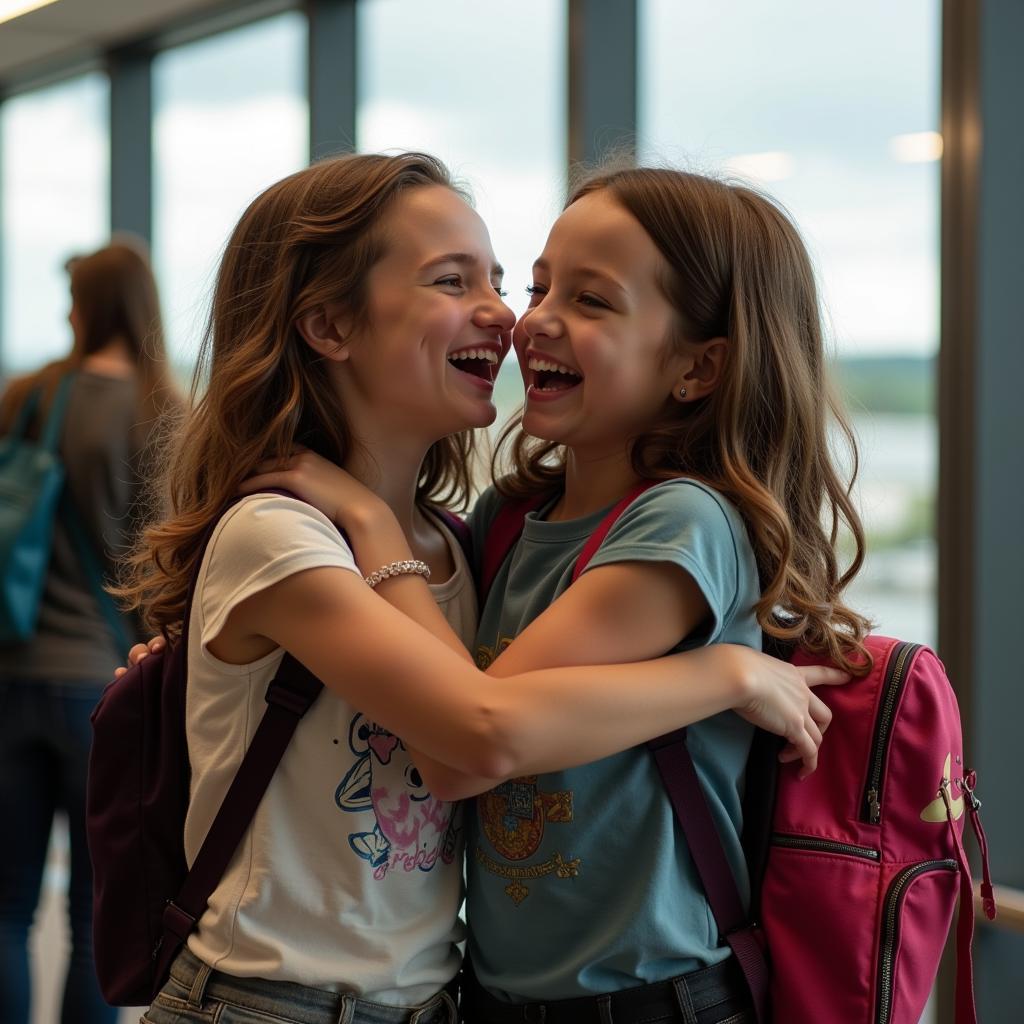 Twin sisters reuniting after a long separation