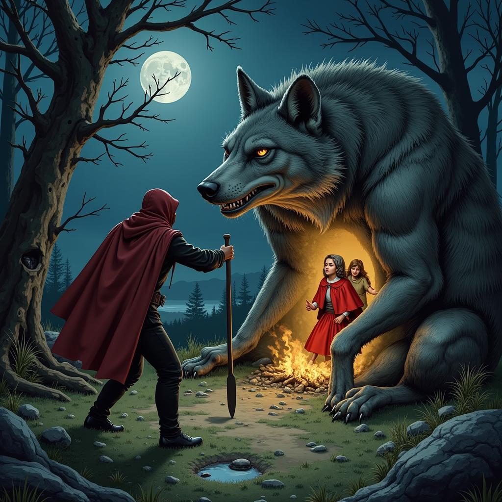 The huntsman rescues Little Red Riding Hood and her grandmother from the belly of the wolf. This scene depicts the triumph of good over evil.