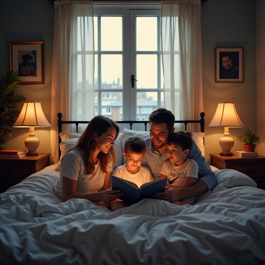 Family reading English stories before bed