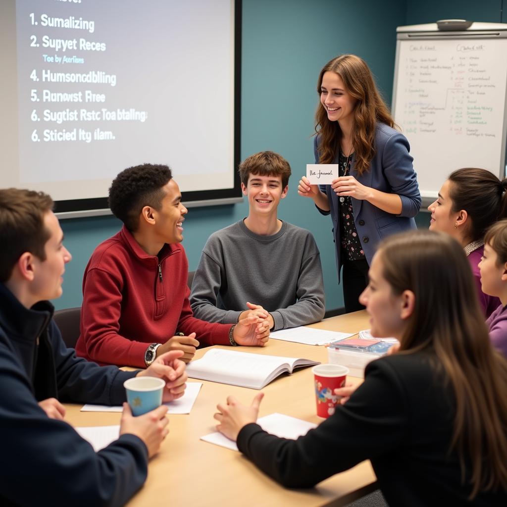 A group of students learning English through jokes