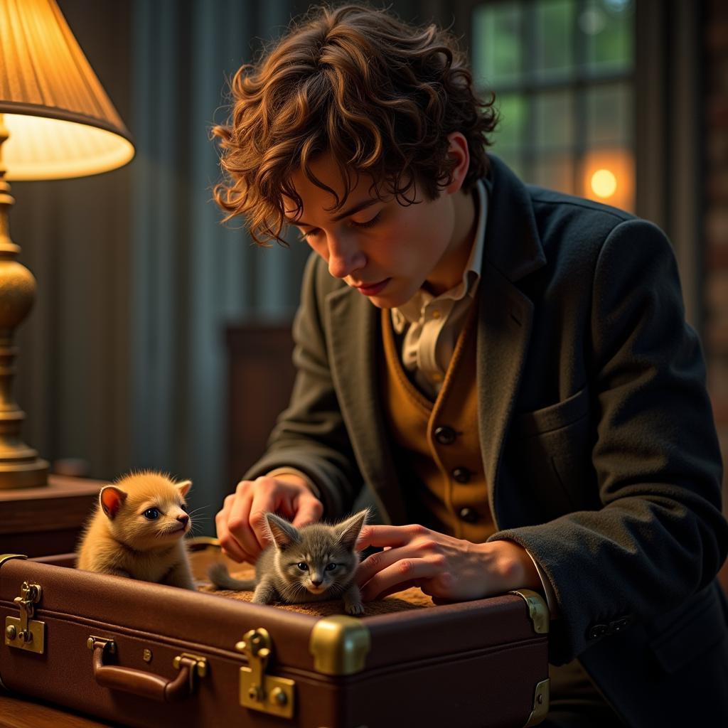 Newt Scamander chăm sóc những sinh vật huyền bí trong chiếc vali thần kỳ của mình