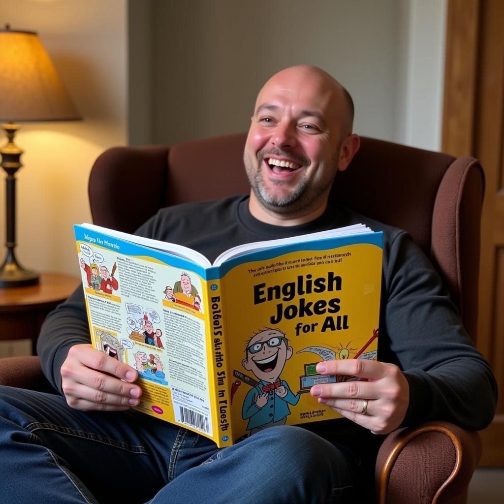 A man laughing with a book of English jokes