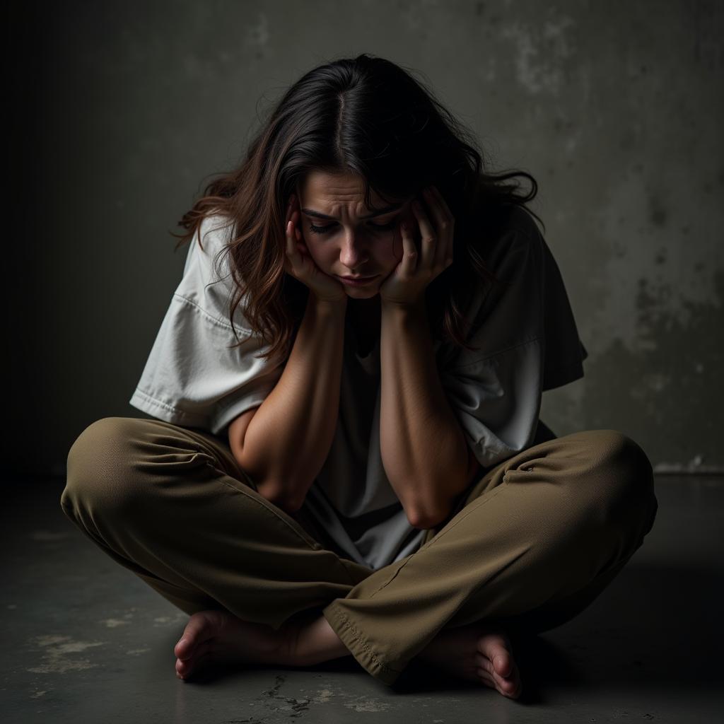 A woman sits alone, her head in her hands, tears streaming down her face.  The background is a dimly lit room, suggesting a sense of loneliness and despair. She is surrounded by crumpled tissues, indicating the depth of her sadness.