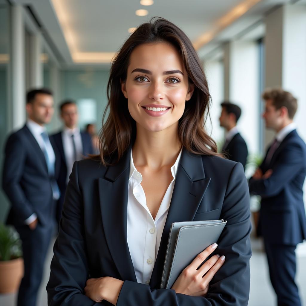 A woman stands confidently in a modern office, surrounded by colleagues.  She is dressed professionally and holds a folder, suggesting a successful career. The image portrays a sense of empowerment, achievement, and the ability to rebuild one's life after a setback.