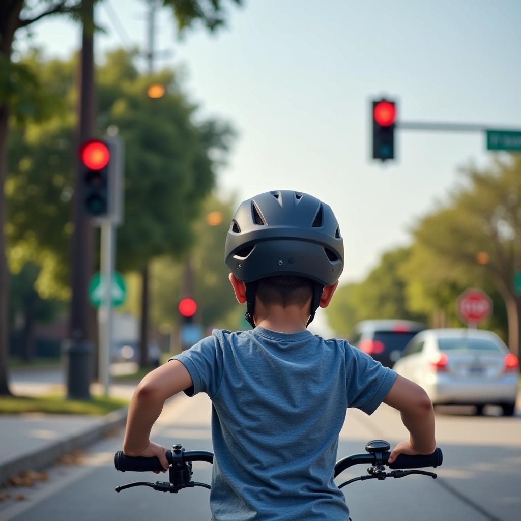 Truyện tranh về an toàn giao thông: Hình ảnh minh họa một cậu bé đang đội mũ bảo hiểm và tuân thủ đèn tín hiệu giao thông.